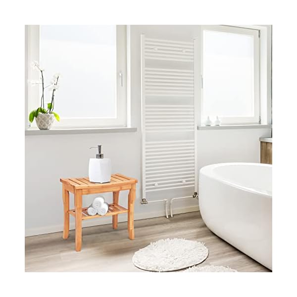 RELAX4LIFE Duschbank Bambus, Badhocker mit Ablage, Sitzhocker Duschhocker Wasserabweisend, Sitzbank Bad mit Rutschfesten Füßen, Mehrzweckhocker, Badezimmerhocker, 48,5 x 27 x 45 cm, Natur – Bild 3
