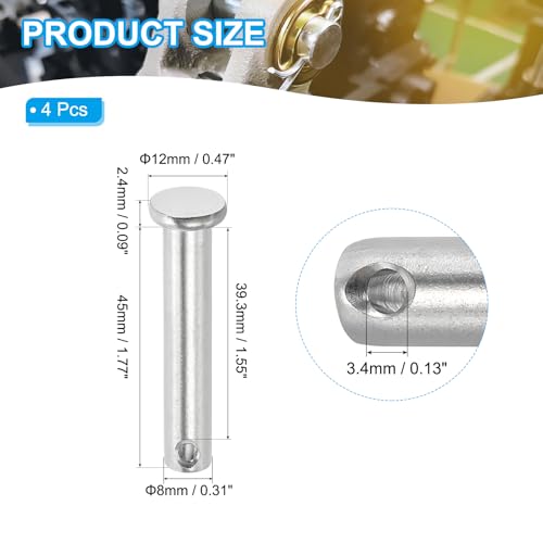 PATIKIL 8 x 45 mm Einzel-Loch-Clevis-Stifte, 4 Stück 304 Edelstahl Flachkopf-Stift für Hitch Pin Lock Link Scharnier-Systeme, Silber