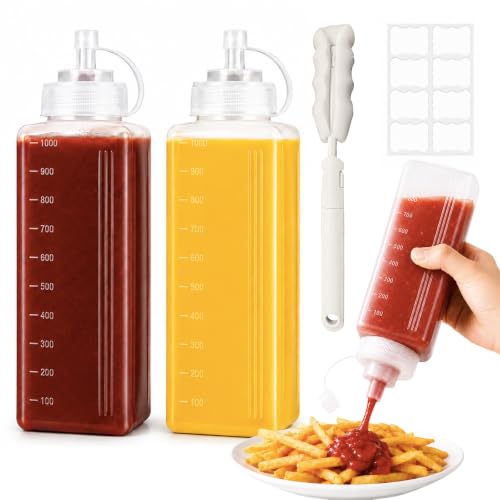 Eywwuu 1 Quart Large Squeeze Bottle for Sauces 34 oz Wide Mouth Condiment Squeeze Bottles Plastic Squirt Bottles with Labels Cleaning Brush & Leak-Proof Lids for BBQ Oil Mayo Salsa & Cold Foam