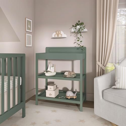 Image of Dream On Me Avery Baby Changing Table with Storage, New Zealand Pinewood, BSA Safety Certified, 2 Open Shelves, Water-Based Finish, Compact Space-Saving Nursery Design, Meadow Green