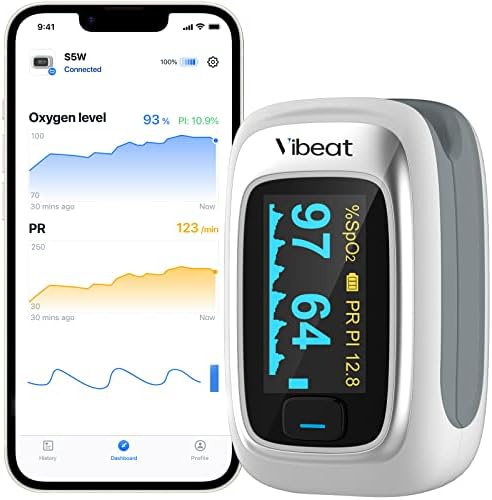 Vibeat Bluetooth Pulse Oximeter with Pulse Rate, Blood Oxygen Saturation Monitor, S5W O2 Meter, Batteries and Lanyard Included, Free App