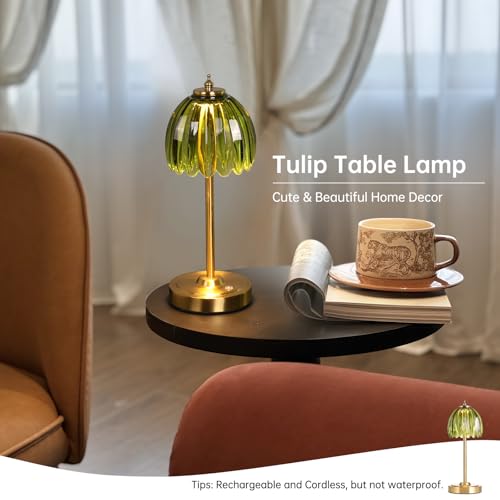 Image of Shenmoyl Set of 2 Tulip Table Lamp with 5000mAh Battery & Touch Control, Cordless Table Lamp with 3 Colors, Dimmable Rechargeable Table Lamps for Bedroom, Living Room, Entryways (Green Tulip)