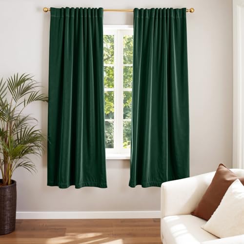Image of Blackout Emerald Green Velvet Curtains 52x72 Inch 2 Panels | Soft Velvet, For Small Windows, Kitchens & Bathrooms, Light Shifting Texture, Elegant Drape, Classic
