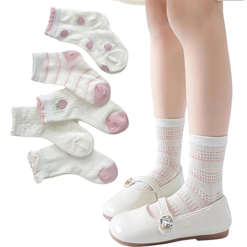 5 Pairs Girls' Summer Thin Cotton Mesh Mid-calf Socks with Strawberry Bowknot Ruffle Trim for 1-12 Years Old