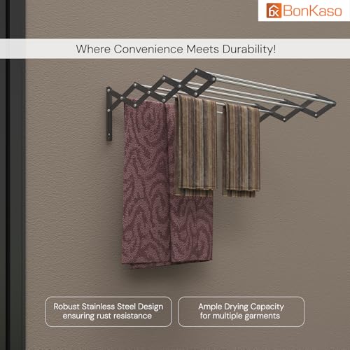 Image of BonKaso Multi 7 Rod Foldable Clothes Drying Stand | Heavy Duty, Rust-Free, Stainless Steel, Wall Mounted Cloth Dryer Rack for Indoor & Outdoor | Expandable (2 Feet) (61D x 62W x 19H cm)