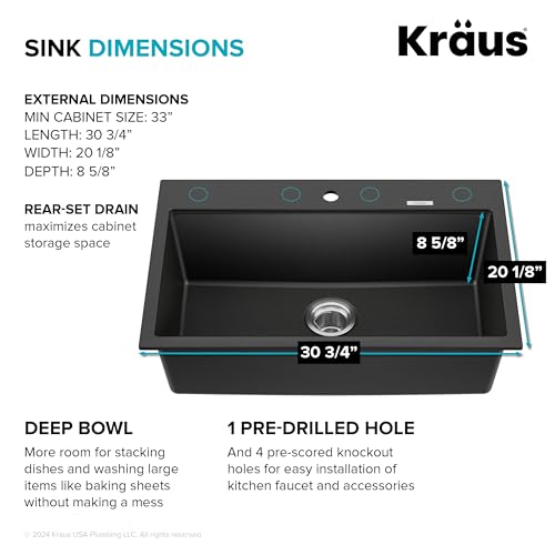 KRAUS Quarza 31-inch Drop-In/Undermount Single Bowl Granite Kitchen Sink in Black Onyx, KGD-412B by Kraus - Image 4