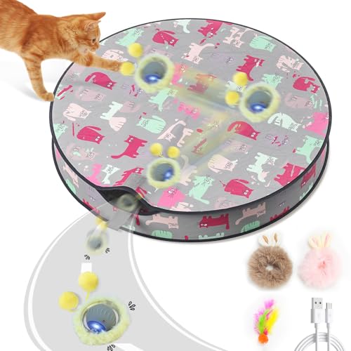 Pskfvre Interactive Cat Toys for Indoor Cats, Automatic Motion Toy in Pouch, Activated Fast Rolling Ball in Play Mat, Hide and Seek Mouse Catching Game with Chirping, LED Light, Auto On/Off (Grey)