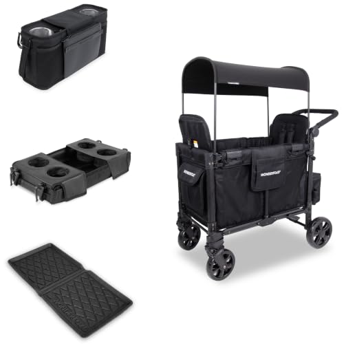 Image of WonderFold W2 Elite Pro Bundle - 2-Seater Stroller Wagon with All-Weather Floor Mat, Flex Snack Tray & Parent Console, Safety-Certified with 5-Point Harnesses - Black