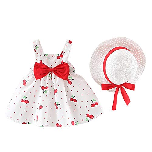 Ropa Bebe Niña Verano 2019 SHOBDW Vestidos+Sombrero Vestidos De Bebé Recién Nacida Estampado De Cereza Punto Sin Mangas Delgado Mini Vestidos De Fiesta De Cumpleaños Bowknot Lindo(Rojo,3-6)