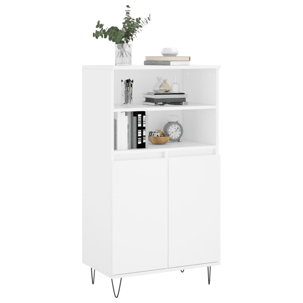 Armadietto alto, in legno bianco, 60 x 36 x 110 cm, con 6 scomparti e piedini in metallo, per soggiorno, corridoio, comò, per ordine e arredamento moderno