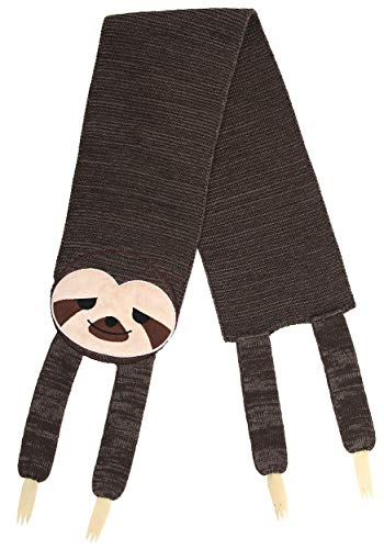 Sleepy Sloth Knit Scarf - Cozy Acrylic Scarf with Embroidered Sloth Face and Hanging Limbs