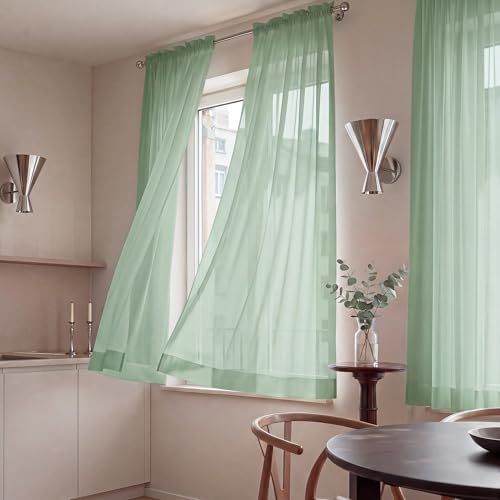 Image of NICETOWN Sage Green Sheer Curtains 63 Inches Long, W42xL63, 2 Panels | Rod Pocket Lightweight Drapes Voile Sheer Air & Breathable Home Decor Window Treatments for Bedroom