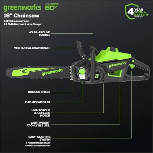 Image of Greenworks 60V 16 inch Brushless Cordless Chainsaw (42 CC Gas Equivalent, Auto Oiler, Chain Brake), 2.5Ah Battery, Charger + Bonus 4.0Ah Battery