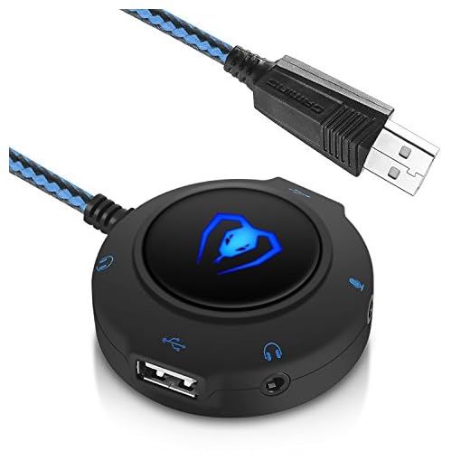 Megadream External USB Stereo Sound Card Hub with 2 USB Ports & 3.5mm Headphone & Microphone Jacks with LED Light for Playstation PS4, Xbox One, Laptops, Tablets, PC, for Windows & Mac OS - Blue