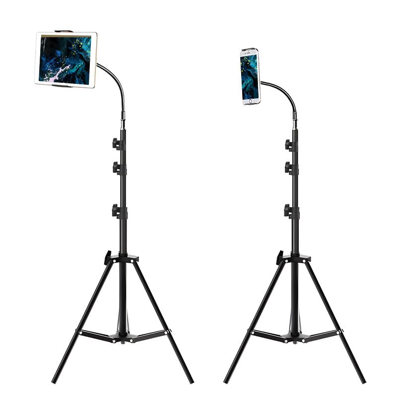Soporte Trípode para Tablet Teléfono 160cm, Trípode de Pie Metal para iPad | Giratorio 360° con Cuello Cisne Altura Ajustable Compatible con iPad Mini iPhone Galaxy Tab Teléfono Celular, 3.8 a 10.6inch