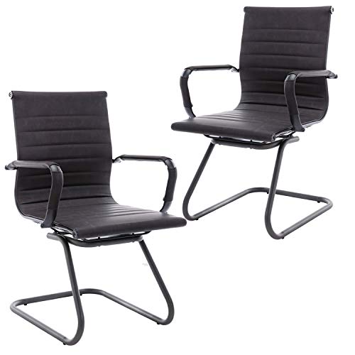 Image of Office Reception Chairs No Wheels Leather Conference Chairs Back Support Guest Chair, Set of 2 (Vintage Charcoal)