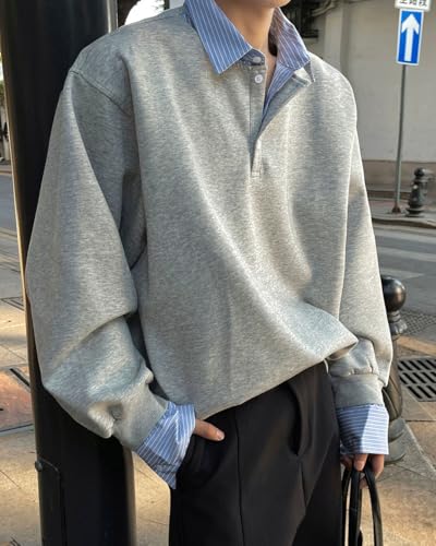 Men's Spring Fake 2 Piece Striped Henry Lapel Solid Color Casual Fashion Bottoming Top2