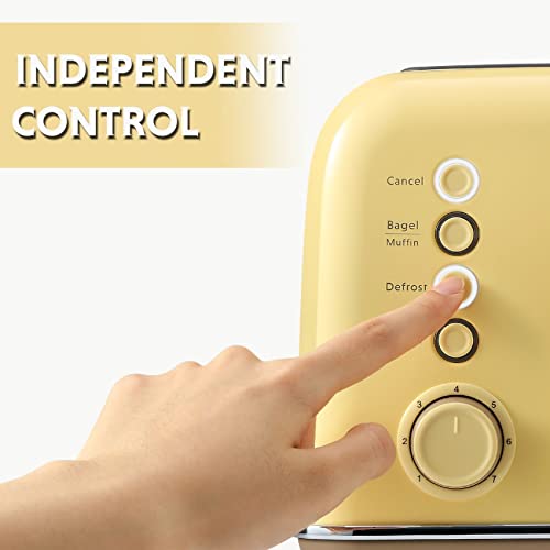 Image of BUYDEEM DT640 4-Slice Toaster, Extra Wide Slots, Retro Stainless Steel with High Lift Lever, Bagel and Muffin Function, Removal Crumb Tray, 7-Shade Settings,Mellow Yellow