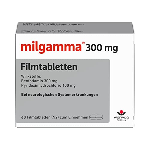 milgamma 300 mg Vitamin B1 Filmtabletten mit Benfotiamin 300 mg (eine fettlösliche Vorstufe von Vitamin B1) und Vitamin B6 60 Stück