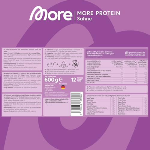 MORE Protein, Sahne, 600 g, Mix aus Whey Konzentrat und Casein ideal zum Muskelaufbau und -erhalt, mit Laktase, perfekt zum kochen & backen - made in Germany (Verpackung kann variieren)