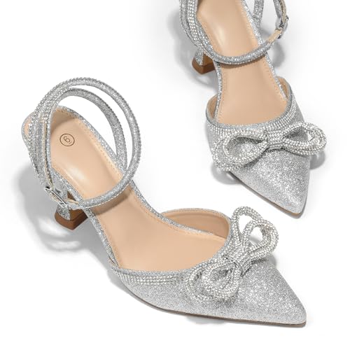 mysoft Women's Rhinestone Bow Pumps Wedding Dress Shoes Pointed Toe Ankle Strap Kitten Heels2