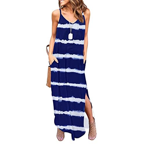 HUSKARY Women's Summer Casual Sleeveless V Neck Strappy Split Loose Dress Beach Cover Up Long Cami Maxi Dresses with Pocket X-Small Army Green