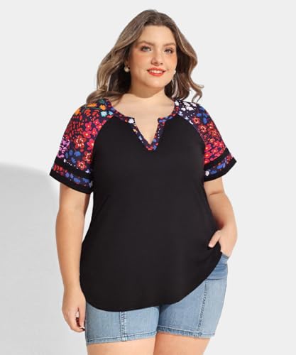 Image of CARCOS Plus Size Tops for Women Short Sleeve Summer Pullover Color Block Crewneck /V Neck Tee Tunic Loose Fit Tshirts XL-5XL
