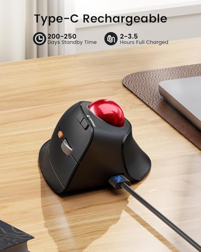 Image of ProtoArc Vertical Wireless Trackball Mouse, EM05 NL Bluetooth Ergonomic Rollerball Mouse Rechargeable Computer Laptop Thumb Mice, 3 Device Connection, Compatible with iPad, Mac, Windows, PC-Red Ball