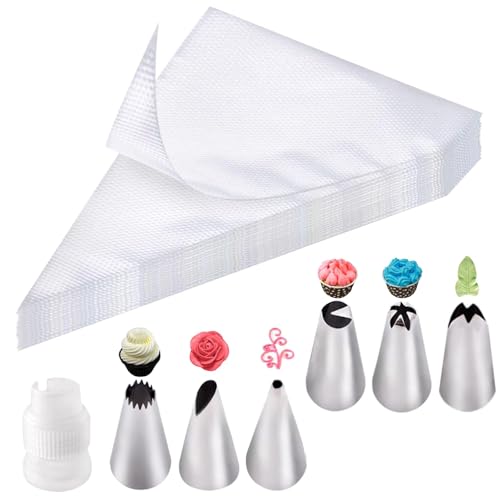 KNUIUYY 100 Piezas Mangas Pasteleras Desechables, Manga Pastelera con 6 Boquillas y 2 Convertidor, 2 Acopladores, para Decoración de Cupcakes, Pastelería, Tartas