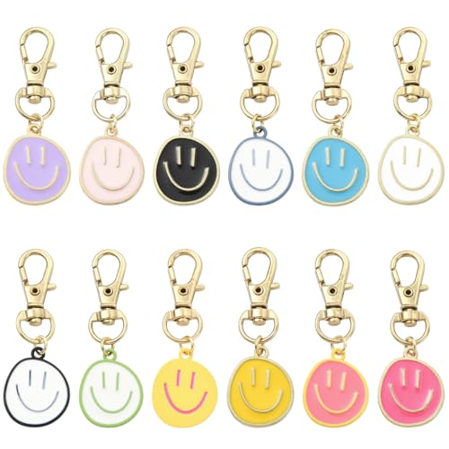Echoed Elegance 12pcs Smiling Face Enamel Keychain Charms for Students & Young Office Workers Teacher Classroom Birthday Festival Gifts