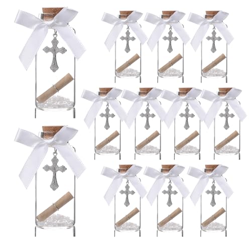 12 Piece Cross Charm Wishing Jar Glass Bottle Favor for Baptism, First Communion, Catholic Wedding, Christening Guest Gift with Paper Scroll, Ribbon Decoration Vials with Cork Stopper (Silver)