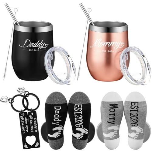Image of Mifoci 6 Pcs Gifts for New Parents Est 2026 20oz Stainless Steel Insulated Tumbler with Lid Anniversary New Parents Pregnancy Gift Daddy Keychain Socks for First Time Mom and Dad(Black, Rose Gold)