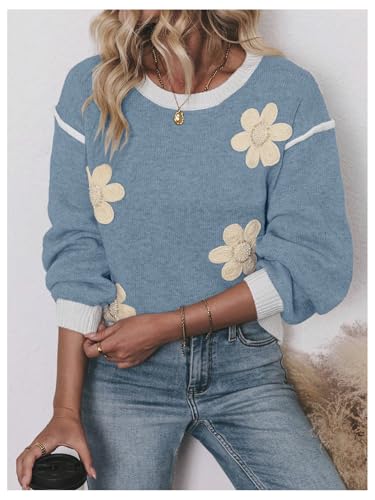 Image of RoseSeek Women's 3D Floral Appliques Crewneck Sweaters Long Sleeve Drop Shoulder Pullovers Elegant Knit Tops