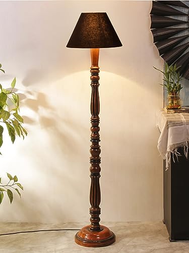 Image of Floor Lamp with Wooden Base - Height 55 inch, Black | Modern Standing Lamp for Living Room, Bedroom & Office | Stylish & Elegant Home Lighting Decor | Tall Decorative Lamp