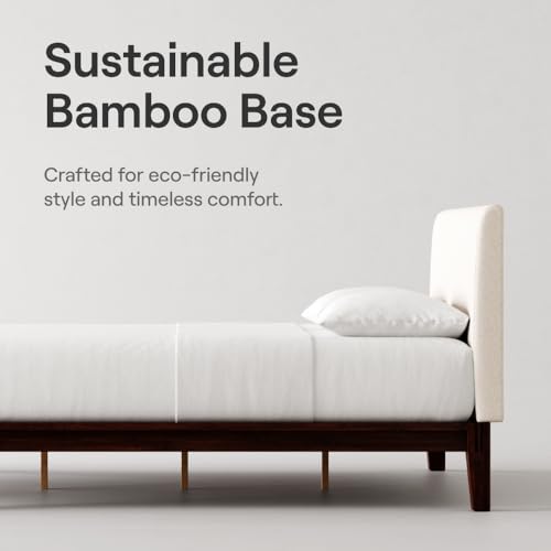 Image of Nectar Bamboo Platform Bed Frame & Upholstered Headboard - Twin XL - Walnut /Linen - Floating Center Support Legs - 12 inch Height - Easy Tool Free Set Up - Sturdy Wooden Slats - Holds Up To 500 lbs