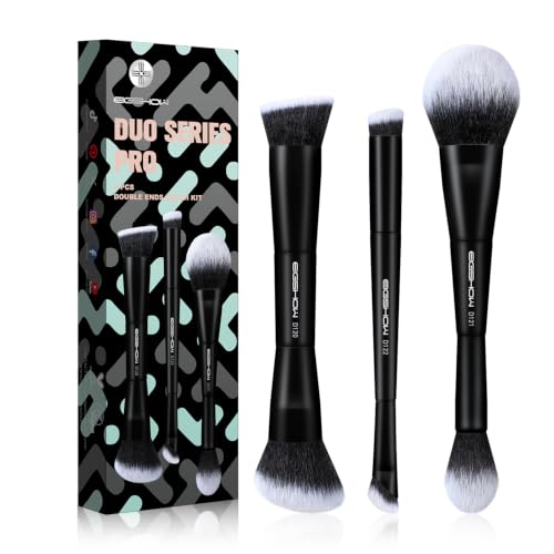 EIGSHOW Makeup Brush Set 3Pcs, Double Sided Foundation Contour Powder Highlight Concealer Brush for Liquid, Cream & Powder, Fit for Home, Travel & Gifting (Black)
