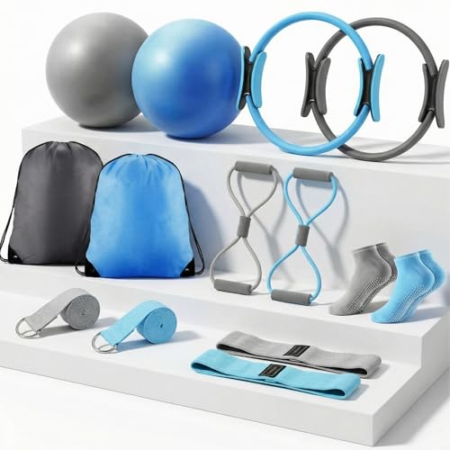Poen 14 Pcs Pilates Equipment Kit for Home Workout Pilates Ring and Ball Set for Women 12'' Circle Yoga Fitness Essentials Kit with Resistance Bands, Yoga Strap, Socks,Bag (Blue,Gray)