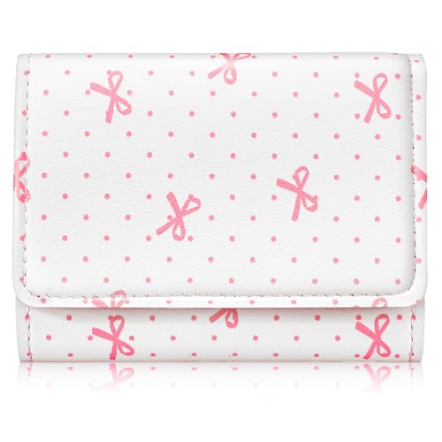 Abbylike Cute Preppy Wallet Pink Bow Trifold Around Wallet Coquette Leather Cardholder ID Purse Window Purse for Women