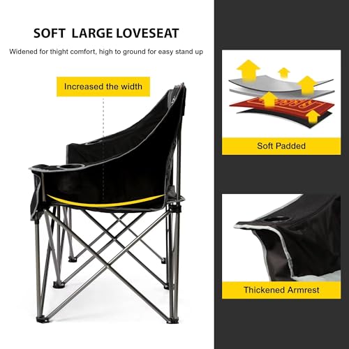 FAIR WIND Oversized 3-Person Camping Chair - Padded Triple Loveseat Folding Couch Supports 900 LBS - Heavy Duty Quad Fold Armchair with Cup Holder - Black - Image 4