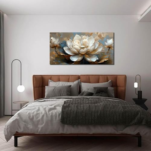 Peintures dorées fleurs blanches art moderne chic grand format - 5