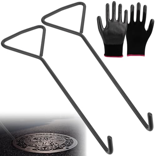 2 Stück 25cm Kanaldeckelheber, Kanalhaken Schachthaken mit Handschuhen, Schachtdeckel mit Dreieckigem Griff, Schachtdeckelheber, Gullideckel Haken für Kanaldeckel, Rollladentüren