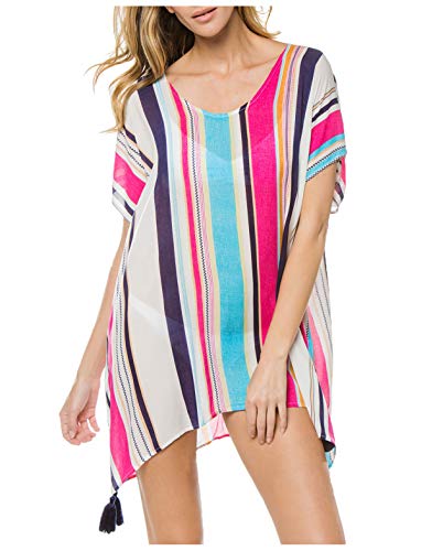 Wander Agio Womens Swimwear Cover up Bohemia Swimsuit Beach Bikini Coverups Stripe Rose Red