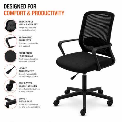 Image of Office Arm Chair with Frame, Mesh Back, Nylon Base, and Adjustable Handle, Cushion Fabric (Robo Chair-Black)