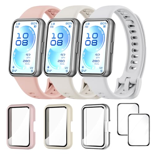ExtraFortunato Straps and Screen Protectors Compatible with Huawei Band 11/11Pro, Soft Silicone Replacement Bands Full Coverage Cases (B (Pack of 3+3+2), for Huawei Band 11)