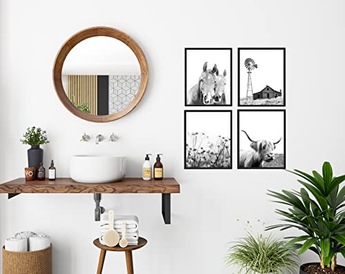 Modern Farmhouse Framed Photography Wall Art - Gift Set Of 4 8X10 Rustic Boho Cottage Country Decor Prints With Black Frames. Windmill, Daisies, Highland Cow & Horses. #TOP1