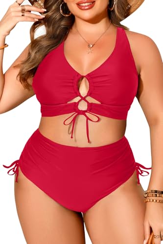 Red Women Plus Size Two Piece Swimsuit - Tummy Control Bikini Sexy Lace Up Bathing Suits Cutout Swimwear 2026 14 Plus