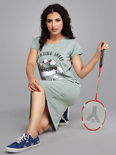 Image of Meerkat Women Short Sleeve Knee Length Cotton Knits Printed Short Nighty /Long Shirt /Midi