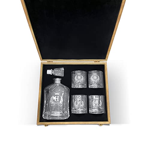 Customized Whiskey Decanter Set - Monogrammed Decanter & 4 Glasses - Custom Engraved with Shield Crown Design - 9 Design Options
