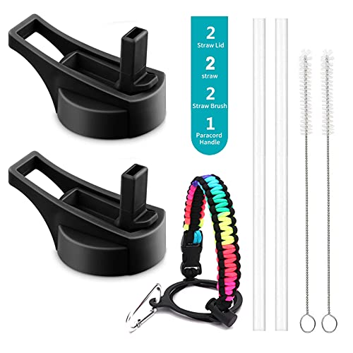 RIGWARL 2 Straw Lids for Hydro Flask Wide Mouth 12, 16, 18, 32, 40, 64oz with 2 Straws, 2 Cleaning Brushes and 1 Paracord Handle, Compatible with Most Sports Water Bottle (Rainbow)