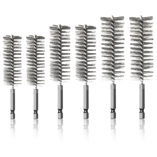 Brosses de nettoyage de tuyaux en acier inox pour perceuse avec tige hexagonale S2 en lot de 6